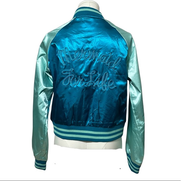 IRON FIST Mermaid For Life teal & aqua embroidered satin bomber jacket NWT - Picture 8 of 9
